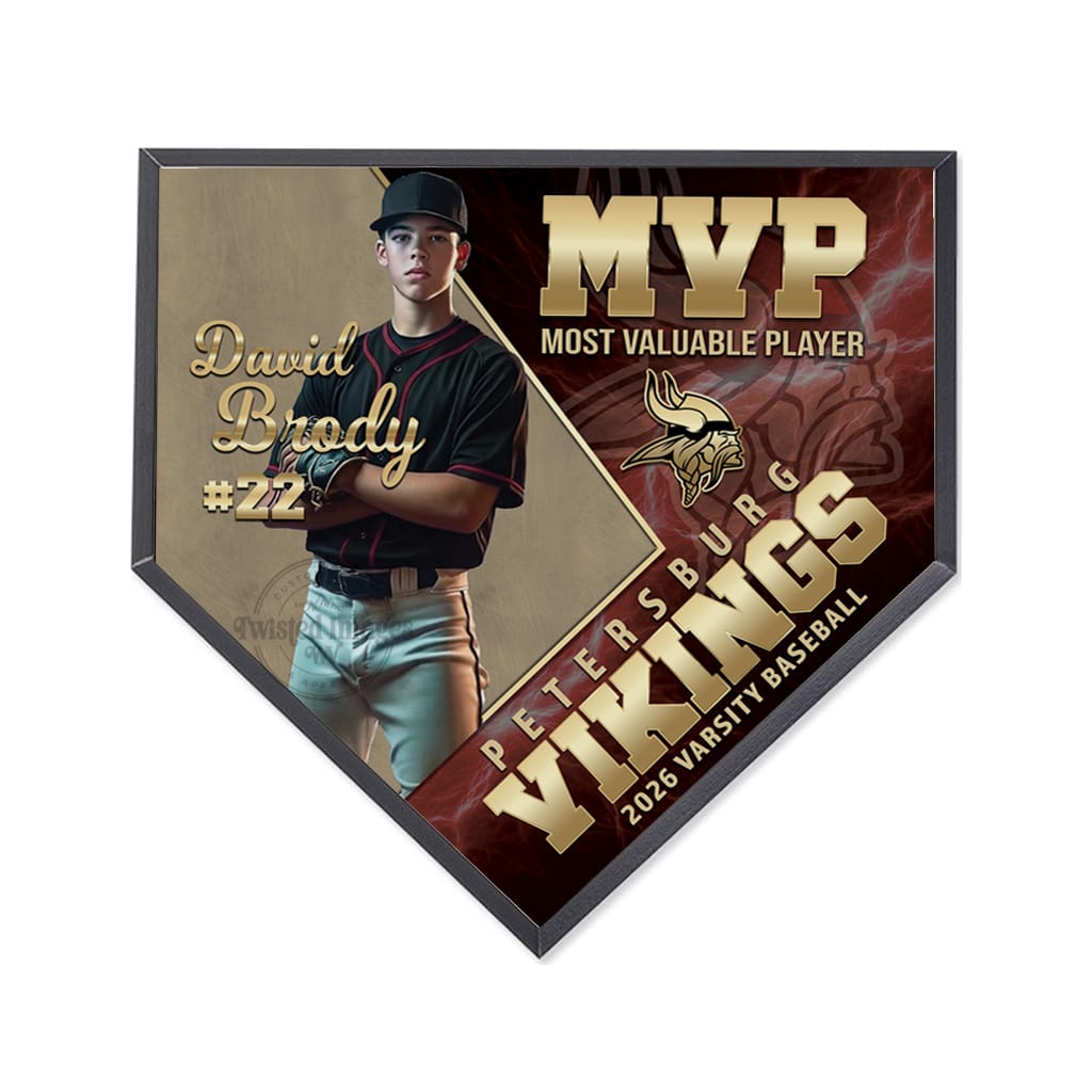 Baseball plaque for MVP Most Valuable Player with a photo of a player and team name.