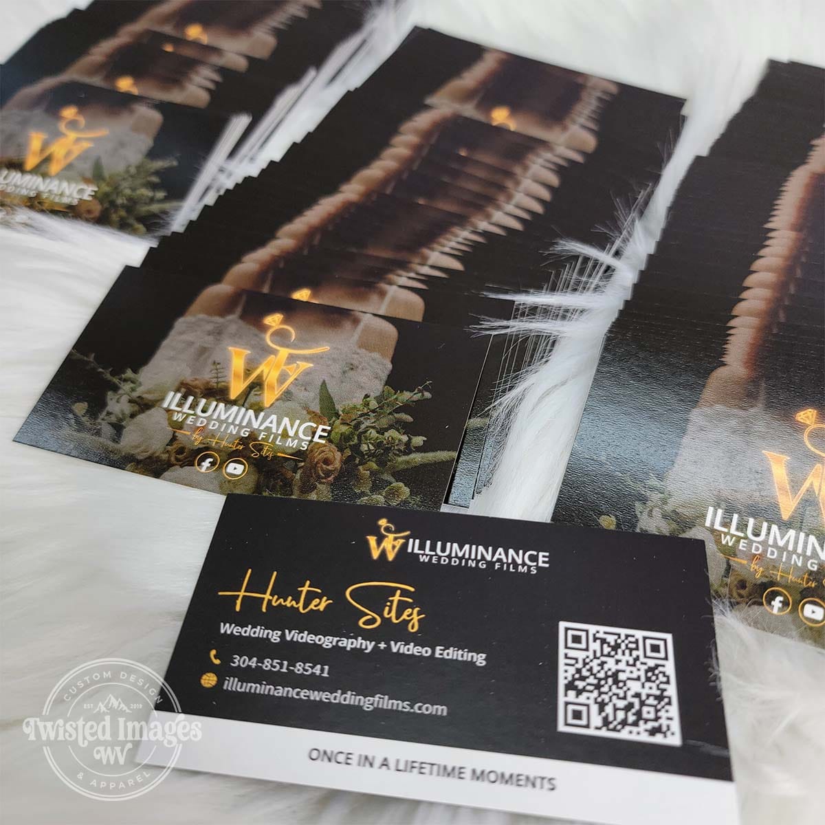 Illuminance Wedding Films business cards on 16pt cardstock with glossy finish.