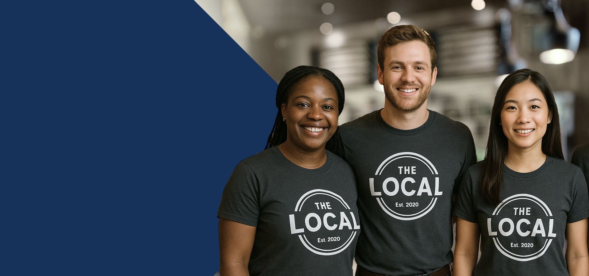 Diverse group wearing branded t-shirts for small business team.