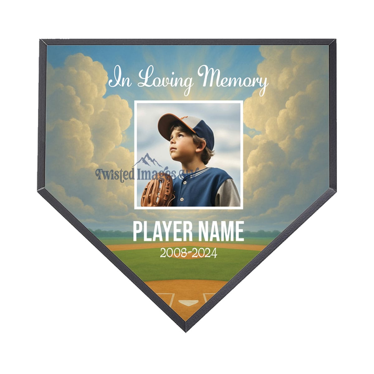 Baseball-themed plaque with a photo of a child in a baseball uniform, set against a baseball field background.