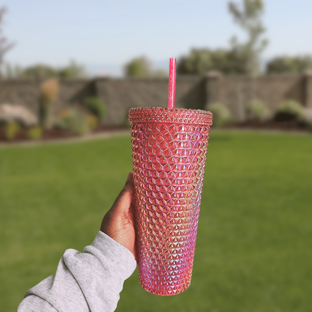 26oz Studded Tumbler 26oz iridescent Tumbler with Straw Plastic Diamond Studded Cup