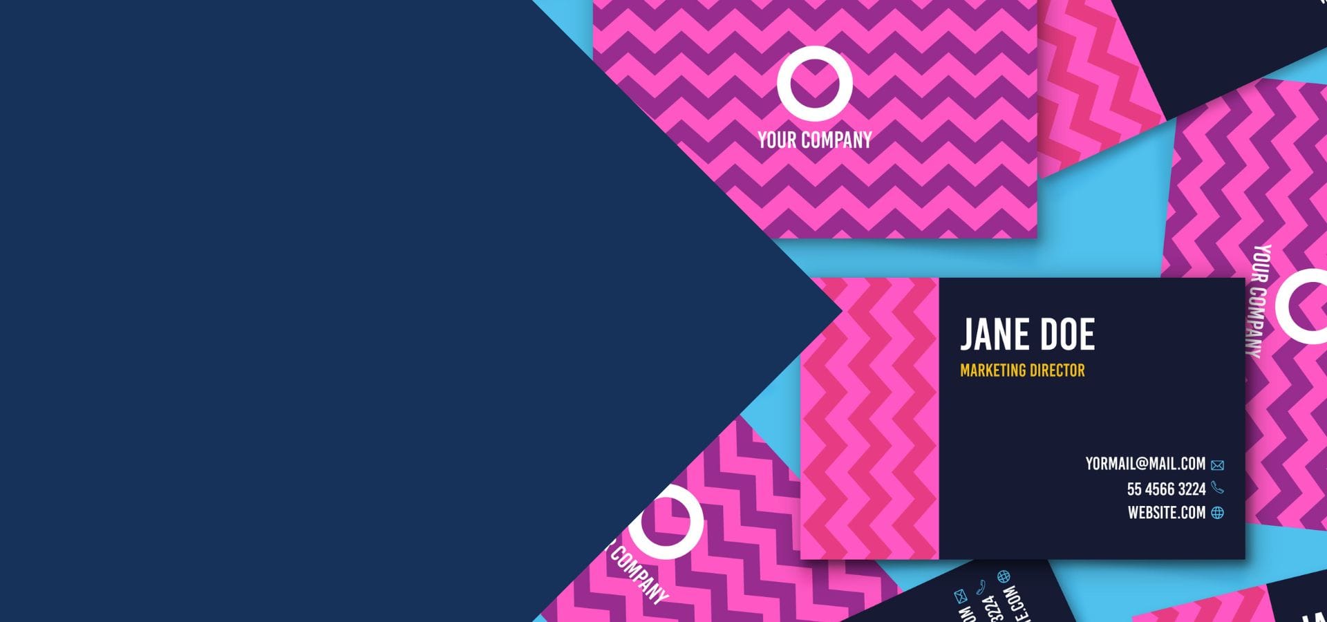 Stack of colorful zigzag business cards featuring contact details and branding mockups