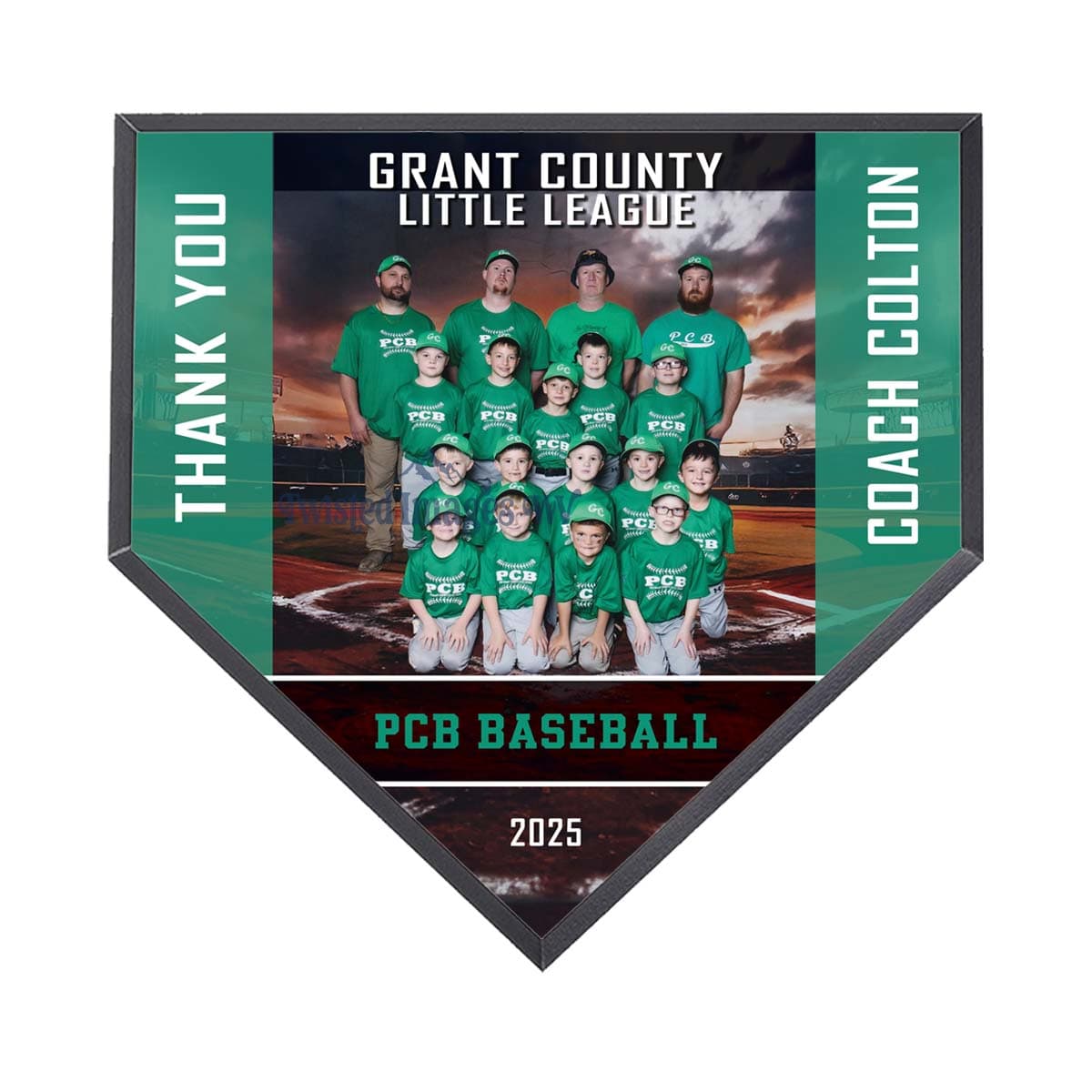 Baseball plaque with a photo of a team and text thanking the coach.