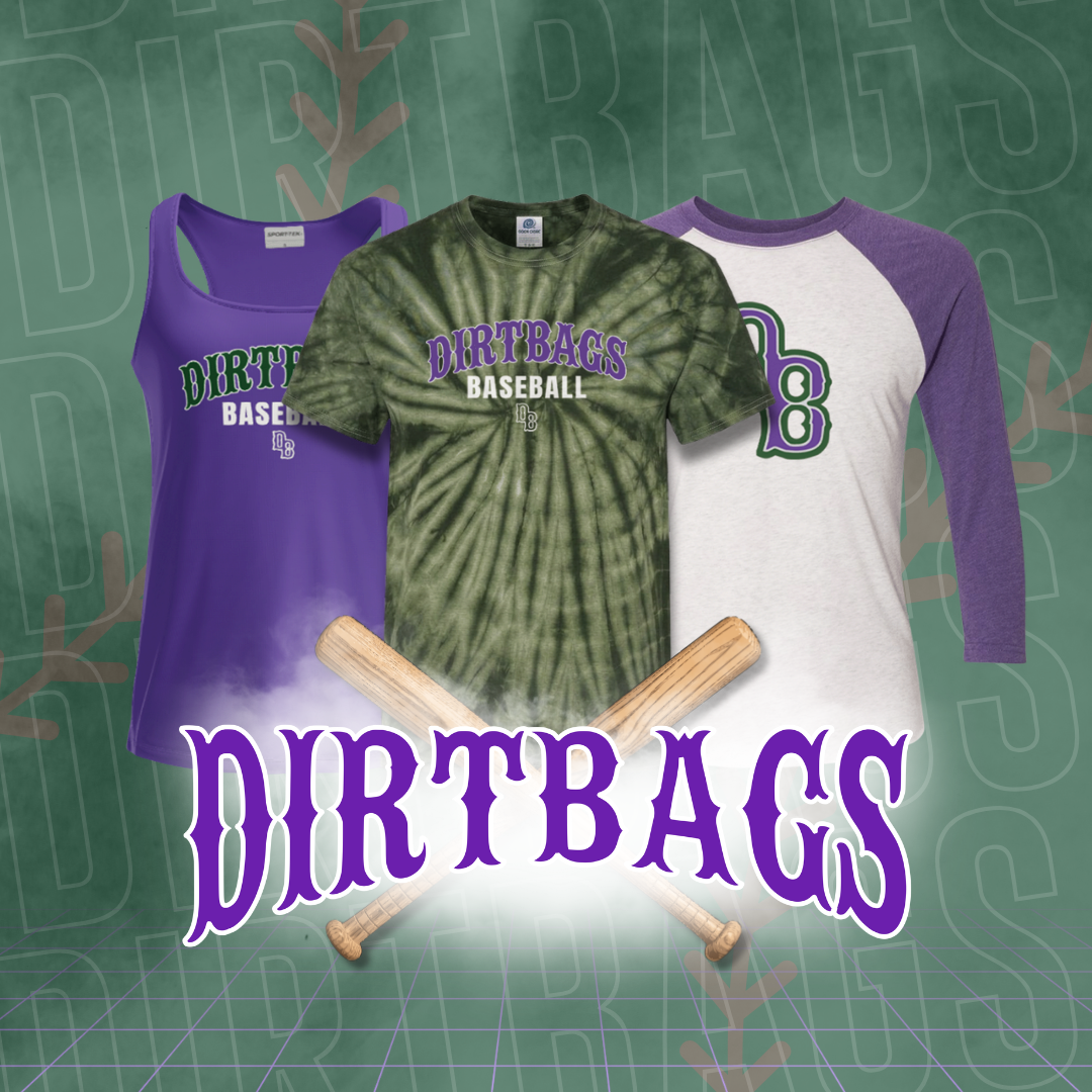 Dirtbags Baseball team apparel collection featuring forest green tie-dye tee, purple raglan, and performance tank top.