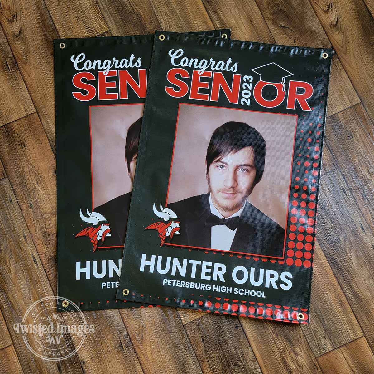 Custom vinyl banners with high-quality photo printing for high school graduations and special events.