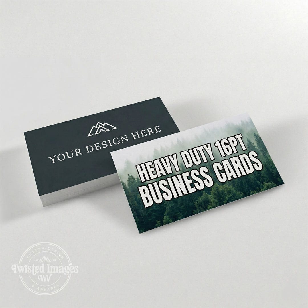Two business cards on a white background with text indicating 'Heavy Duty 16pt Business Cards'.