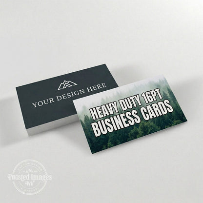 Two business cards on a white background with text indicating 'Heavy Duty 16pt Business Cards'.