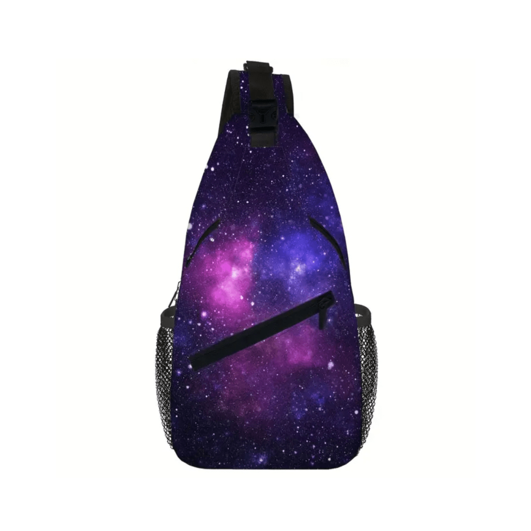 Purple Galaxy Crossbody Bag Sling Shoulder Bag with Water Bottle Holder