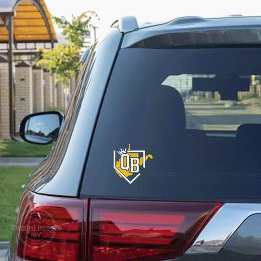 SUV with a 2 color vinyl decal on the rear window. The decal is the yellow-gold and white Queen Bees Home Plate logo featuring a crown and West Virginia state outline.