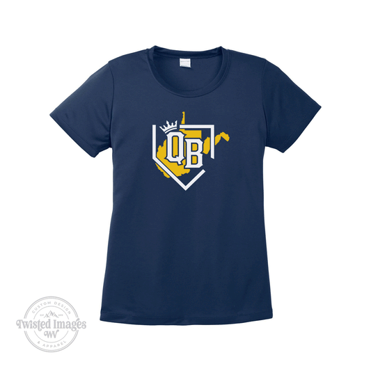 Navy blue women's performance t-shirt with the gold and white Home Plate logo.