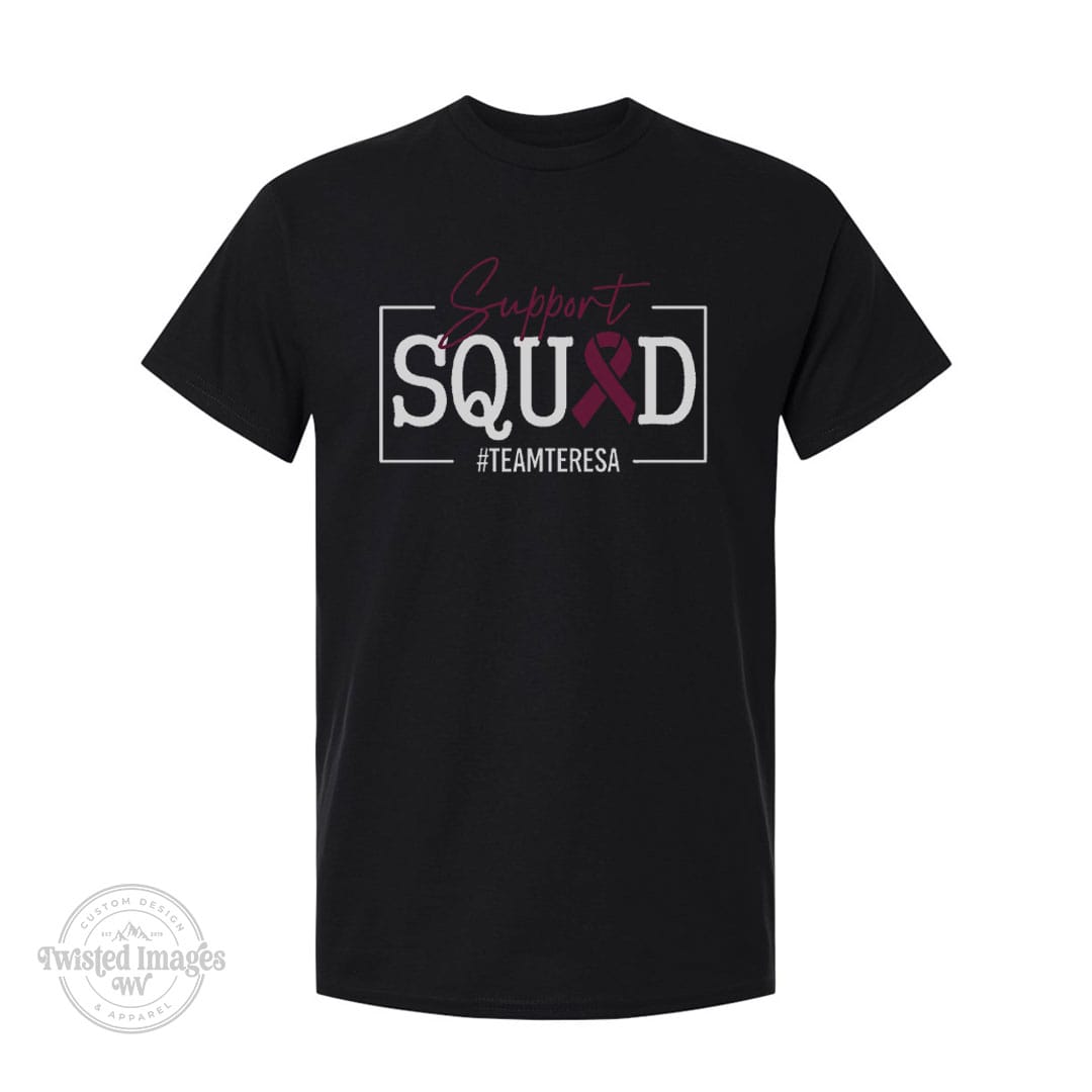 Black Bella Canvas 3001 t-shirt with a modern boxed Support Squad graphic and burgundy ribbon.