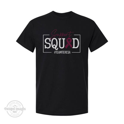 Black Bella Canvas 3001 t-shirt with a modern boxed Support Squad graphic and burgundy ribbon.