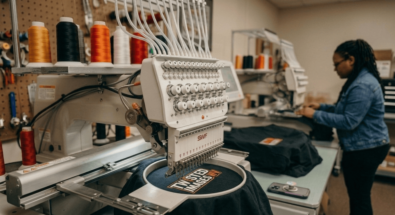 Owner at Twisted Images WV working on an embroidery job
