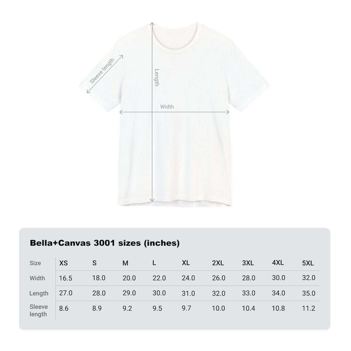 Size chart and measurements for Bella+Canvas unisex jersey t-shirt