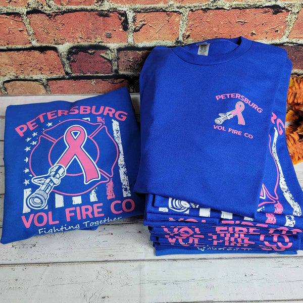 Custom breast cancer awareness t-shirts for Petersburg Volunteer Fire Company featuring pink ribbon, fire hose, and American flag design