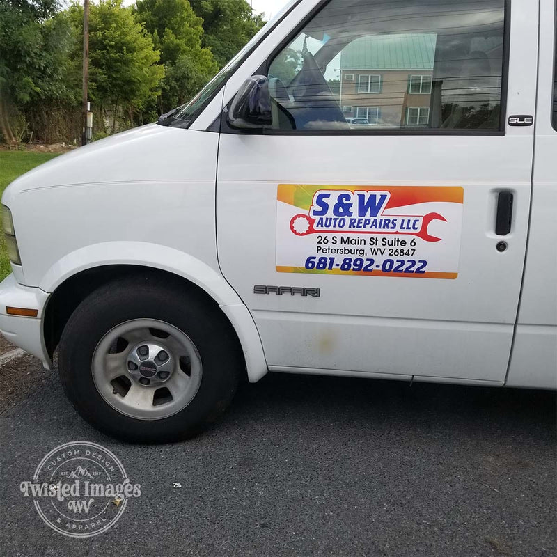 Custom car door magnet printed for S&W Auto Repairs LLC in Petersburg, WV, displayed on a white service van