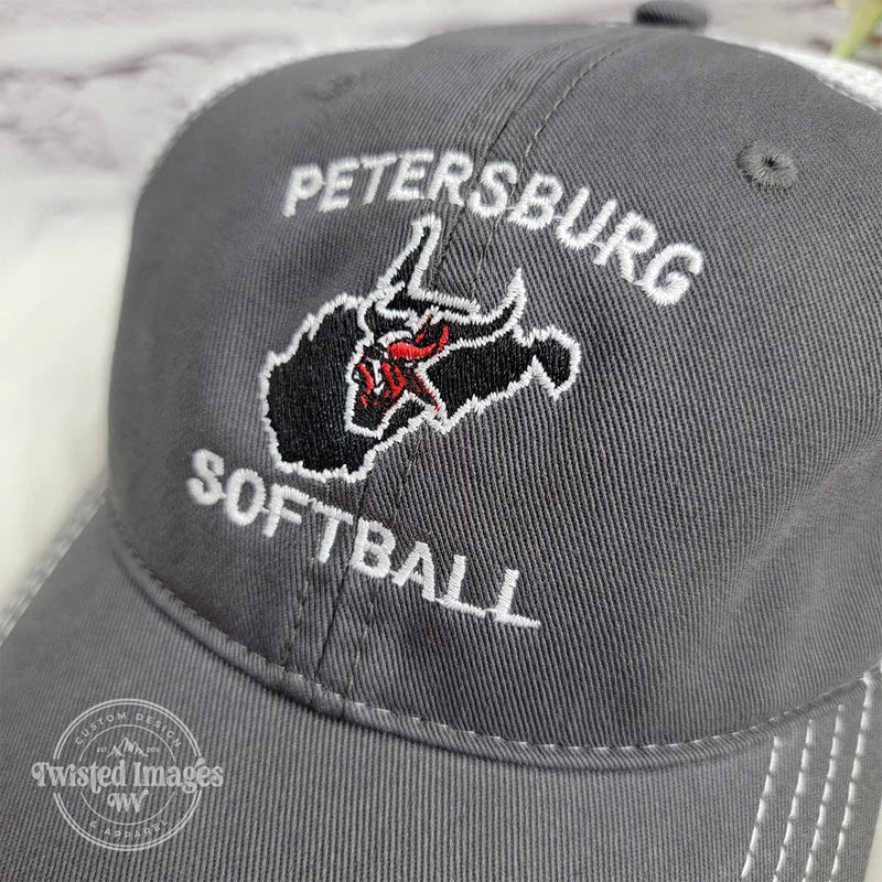 Close-up of custom embroidered Petersburg Softball hat featuring state of West Virginia outline with red and black bull mascot on gray cap