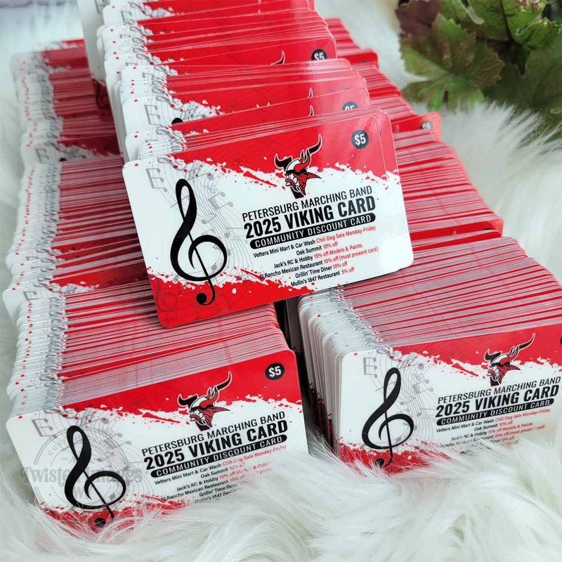 Custom printed plastic fundraiser cards for Petersburg High School Marching Band