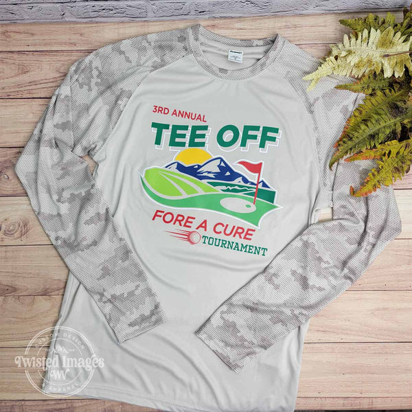 Custom printed long sleeve performance shirt for 3rd Annual Tee Off Fore a Cure golf tournament featuring colorful fairway design on camo sleeve garment