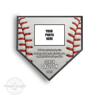 Custom baseball homeplate plaque with coach name, team photos, and motivational message