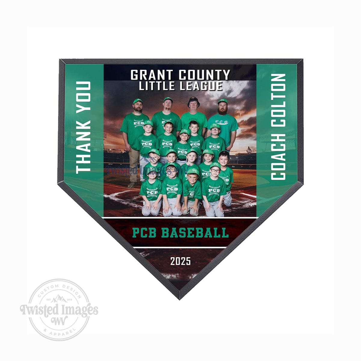 Baseball team photo printed on custom homeplate plaque with thank you message for coach