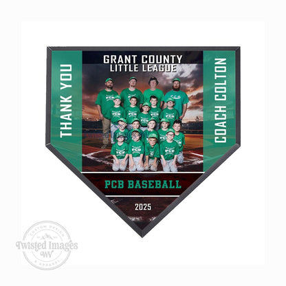 Baseball team photo printed on custom homeplate plaque with thank you message for coach
