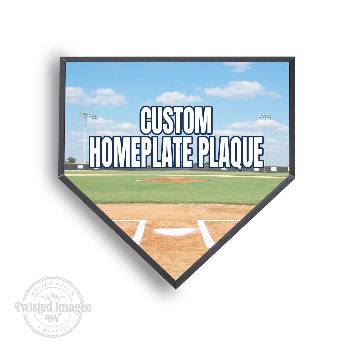 Main product image of custom homeplate plaque with baseball field background and bold text, ideal for player gifts, coach awards, or team recognition