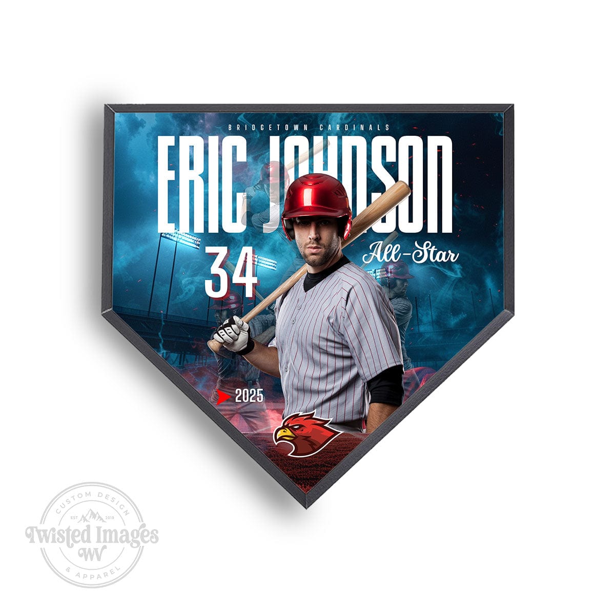 Player spotlight homeplate plaque featuring baseball athlete photo, name, jersey number, and team design with full color background