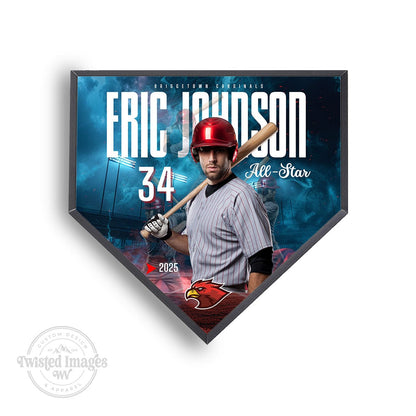 Player spotlight homeplate plaque featuring baseball athlete photo, name, jersey number, and team design with full color background