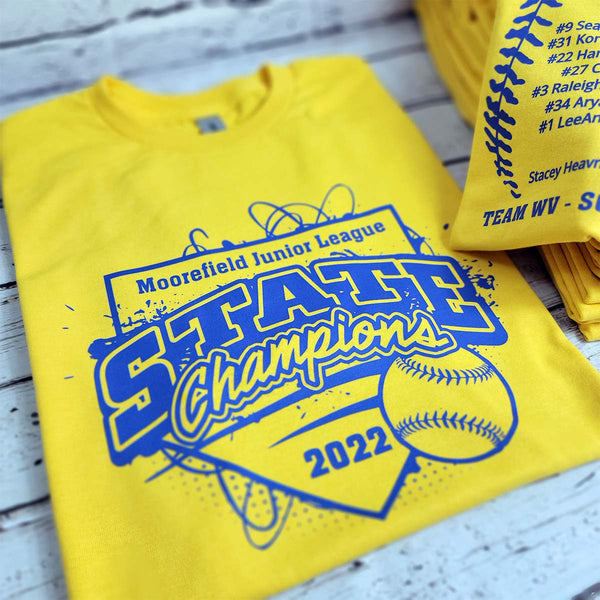 Custom printed yellow t-shirts for Moorefield Junior League 2022 State Champions with blue and gold softball design and player roster