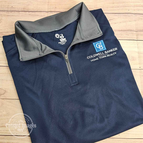 Navy and gray quarter-zip pullover embroidered with Coldwell Banker logo for local real estate agent