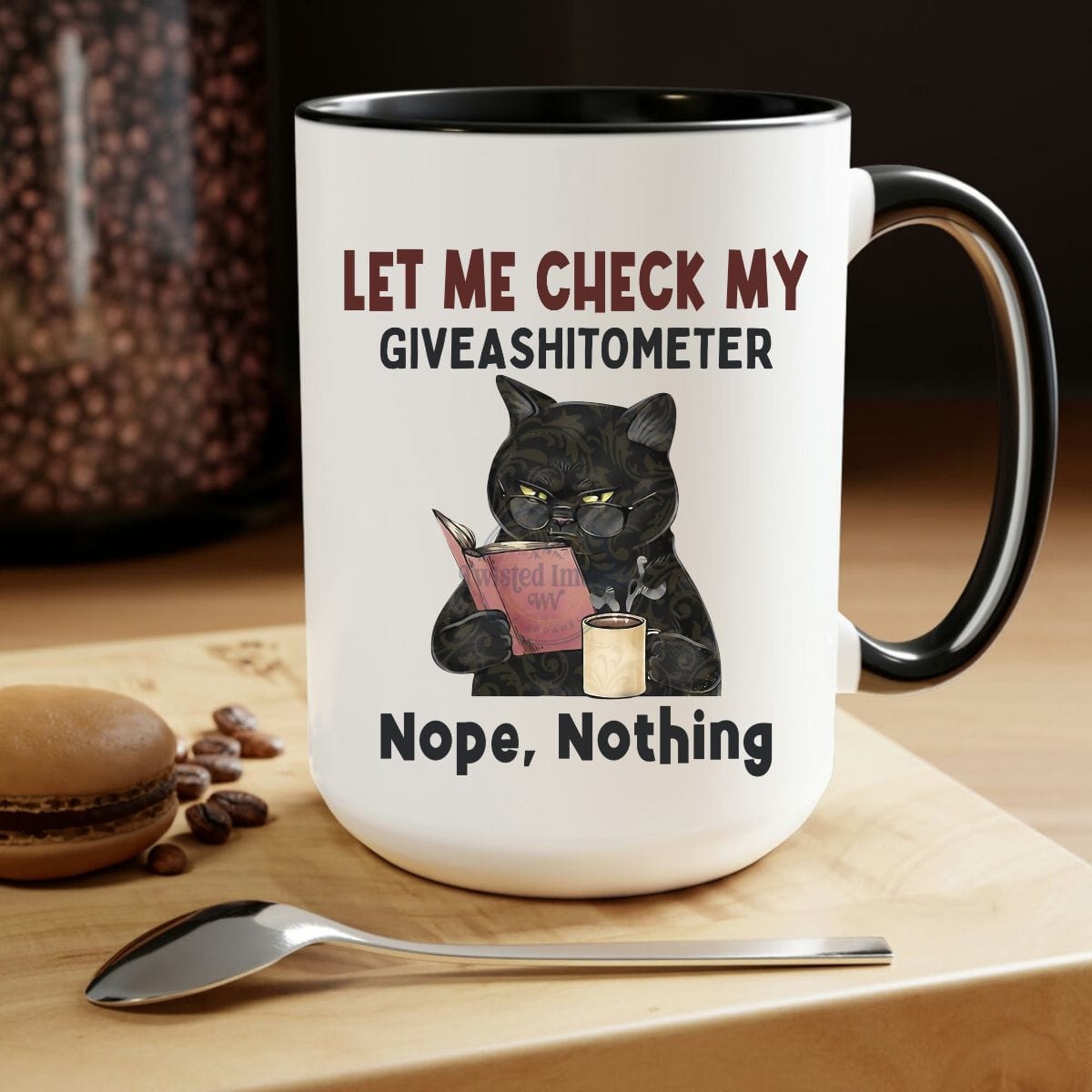 15oz sarcastic coffee mug with a cat-themed Giveashitometer graphic.