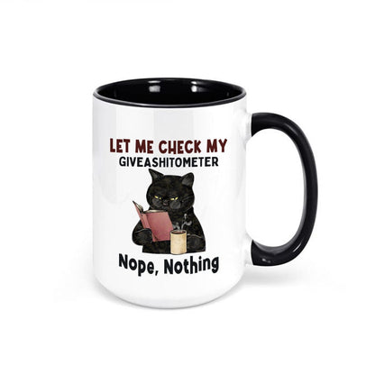 Funny cat coffee mug with the Giveashitometer graphic and a 15oz capacity.