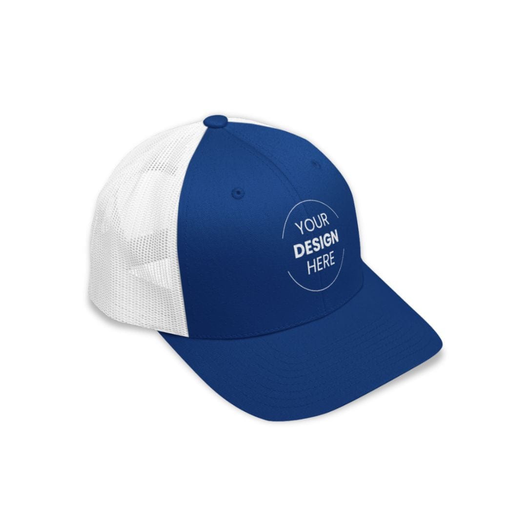 Blue and white cap with 'Your Design Here' text on a white background