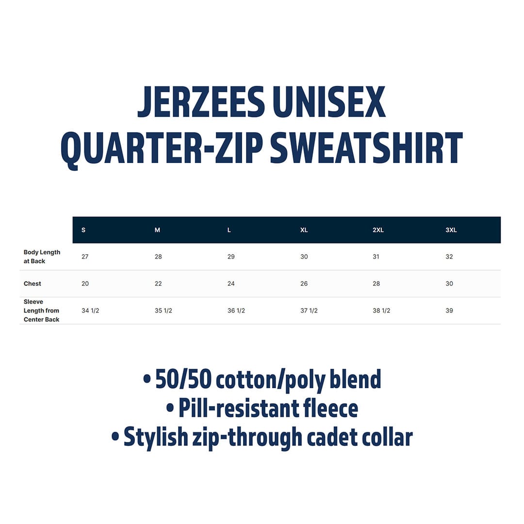 Jerzees Unisex Quarter-Zip Sweatshirt size chart and features on a white background