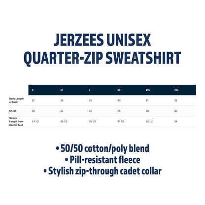 Jerzees Unisex Quarter-Zip Sweatshirt size chart and features on a white background