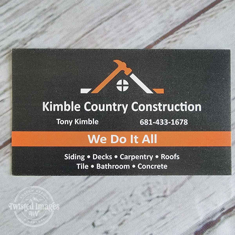 Custom business card printed for Kimble Country Construction featuring bold contact info and service list.