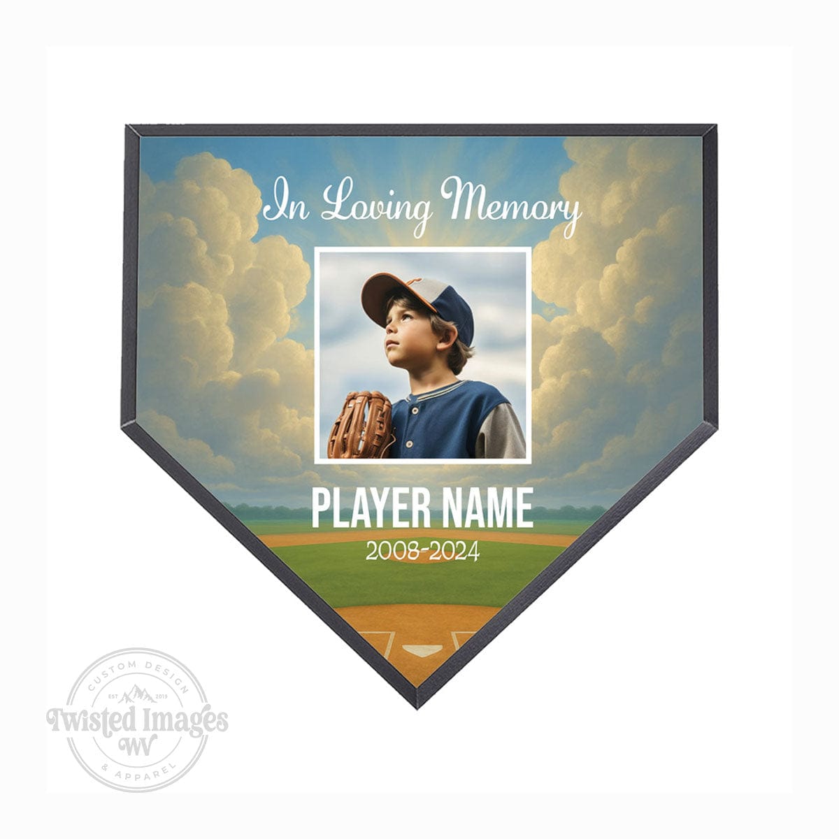 In loving memory homeplate plaque with young baseball player portrait and soft sky background