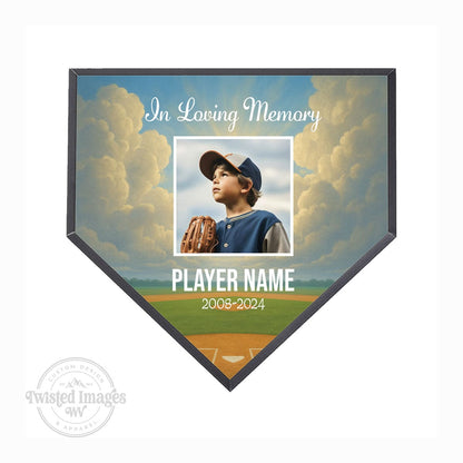 In loving memory homeplate plaque with young baseball player portrait and soft sky background