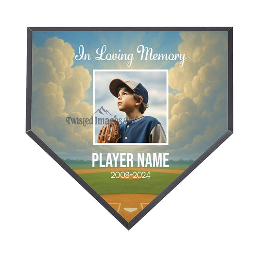 Baseball-themed plaque with a photo of a child in a baseball uniform, set against a baseball field background.
