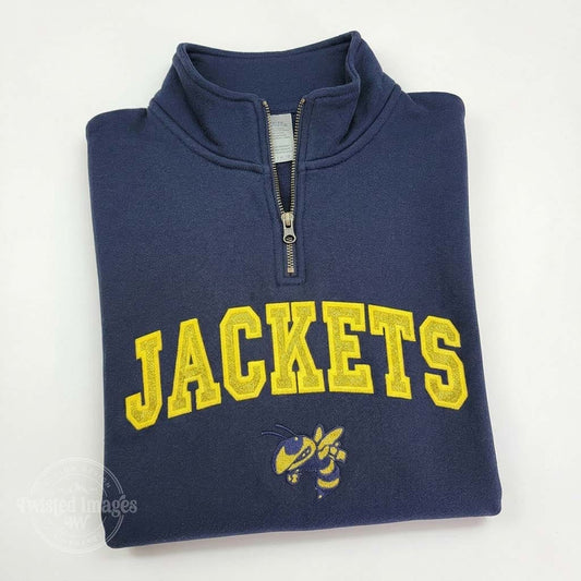 Folded navy blue sweatshirt with 'JACKETS' in yellow on a white background