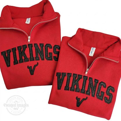 Two red VIKINGS embroidered sweatshirts with a zipper on a white background.