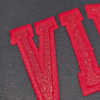 video of vikings in red embroidery on black crewneck seatshirt