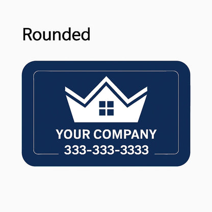 Rounded sign with a white logo and text on a white background