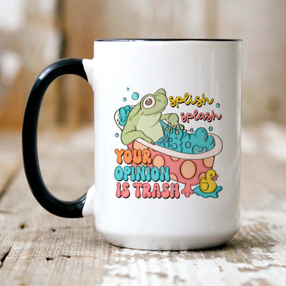 15oz ceramic coffee cup featuring a playful frog and humorous quote
