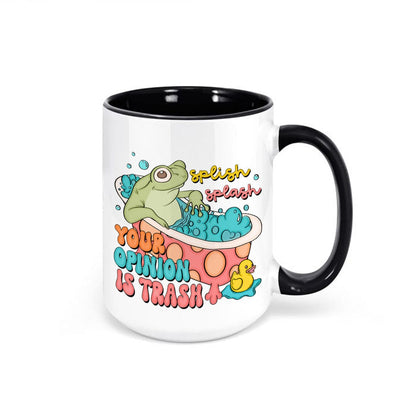 Funny coffee mug with a colorful frog design and the phrase “Your Opinion Is Trash.