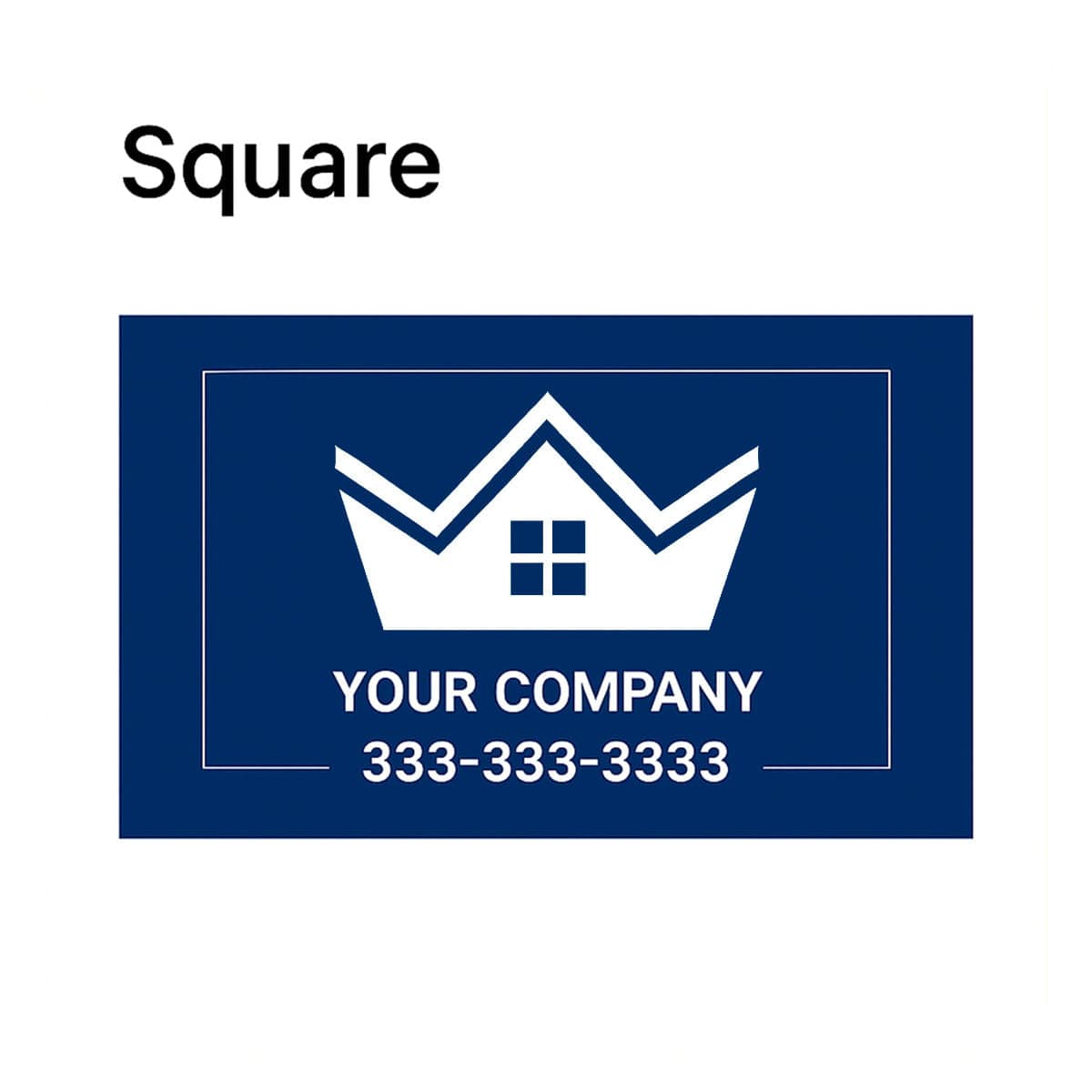 Blue square with white logo and text placeholder on a white background