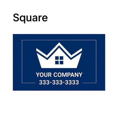 Blue square with white logo and text placeholder on a white background